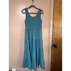 PrettyGarden Teal Smocked Bodice Tiered Maxi Dress Size L Boho Sundress EUC